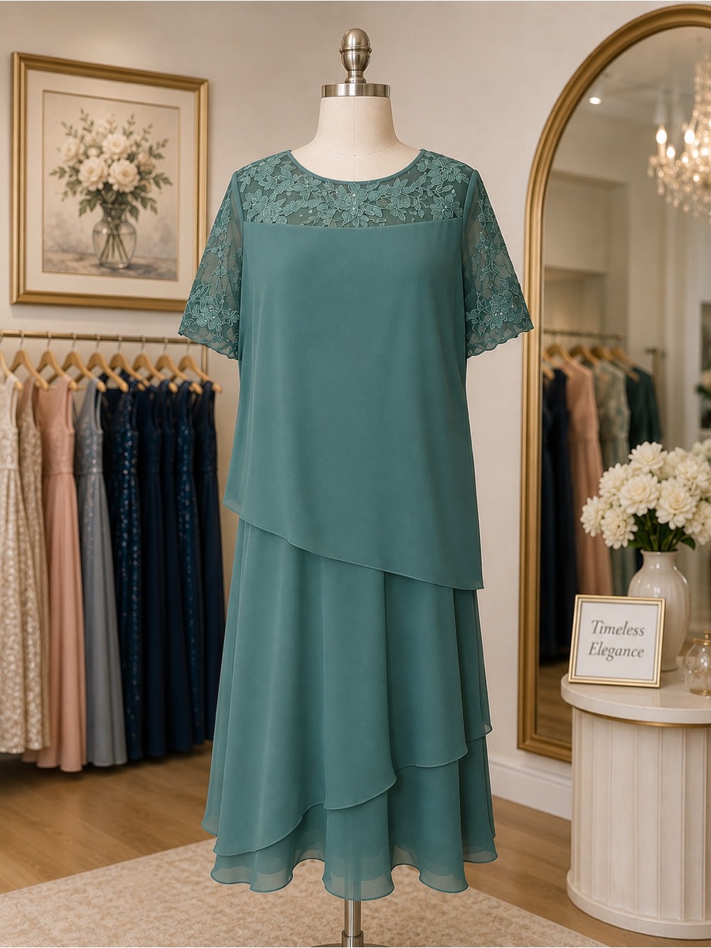 Sophisticated Sage Green Lace Overlay Midi Dress, Size 14
